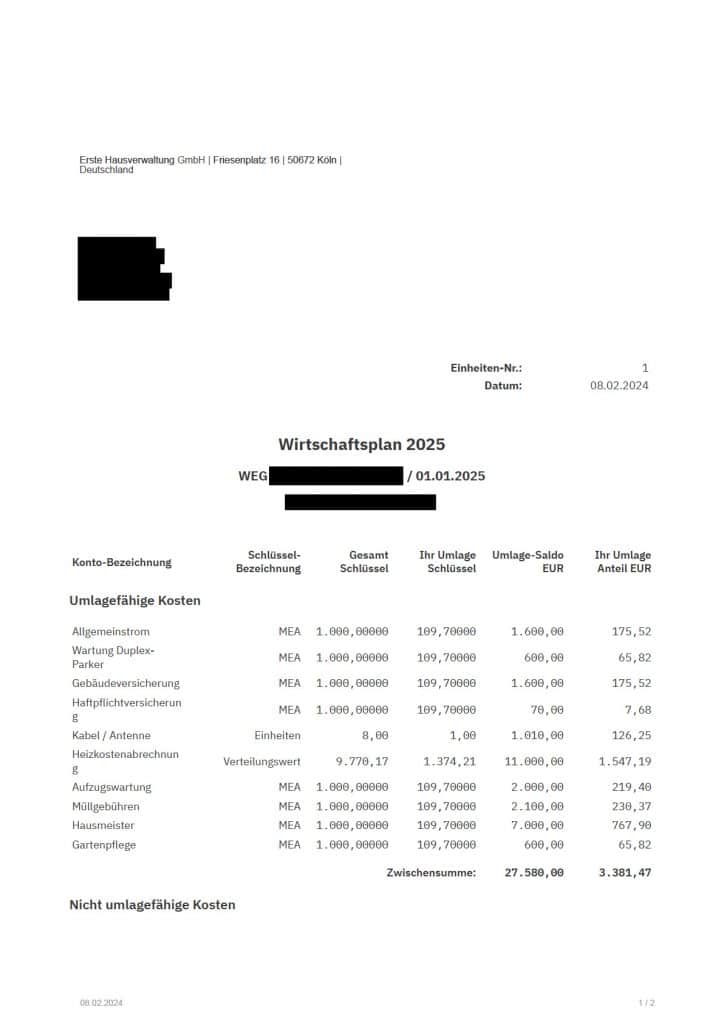Muster-Einzelwirtschaftsplan für Eigentümer in einer WEG